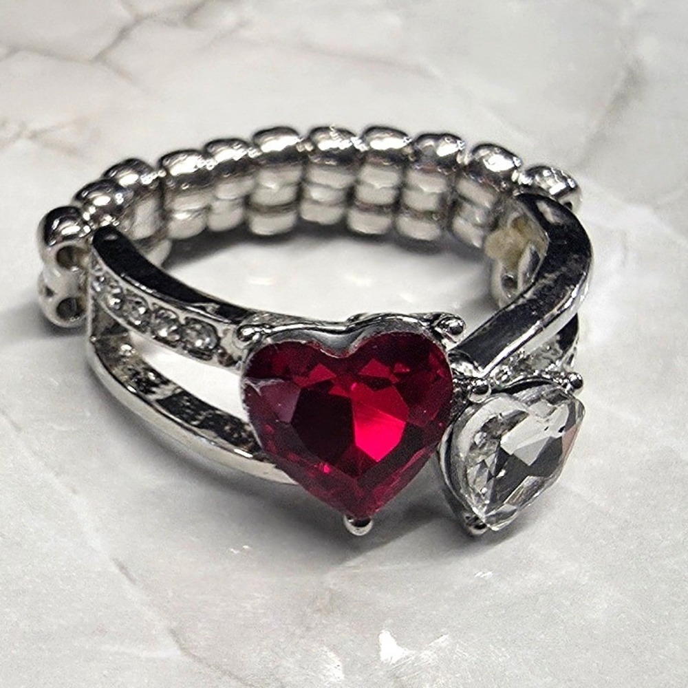New 2 Hearts Ring Silver Tone Red Clear Rhinestones Stretch Band Romantic Love